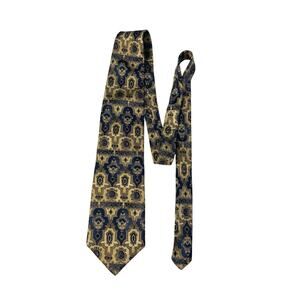 Bill Blass Men's 100% Silk Printed Pattern Necktie Tie Gold Blue 57”